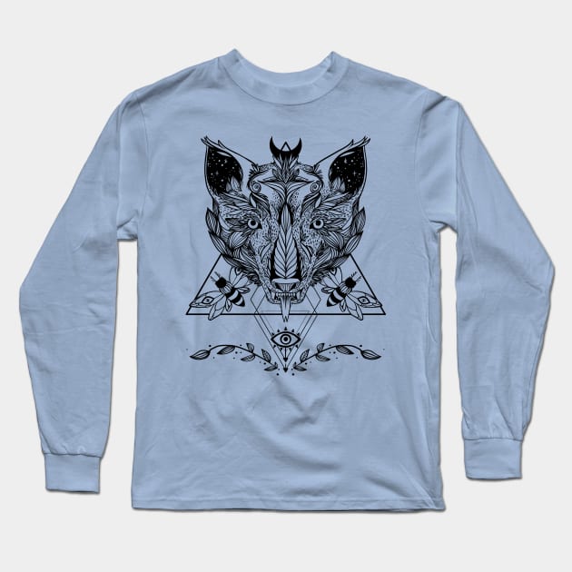 Star Wolf With Moths, Geometric Pattern, Third Eye, And Crescent Moon Long Sleeve T-Shirt by cellsdividing